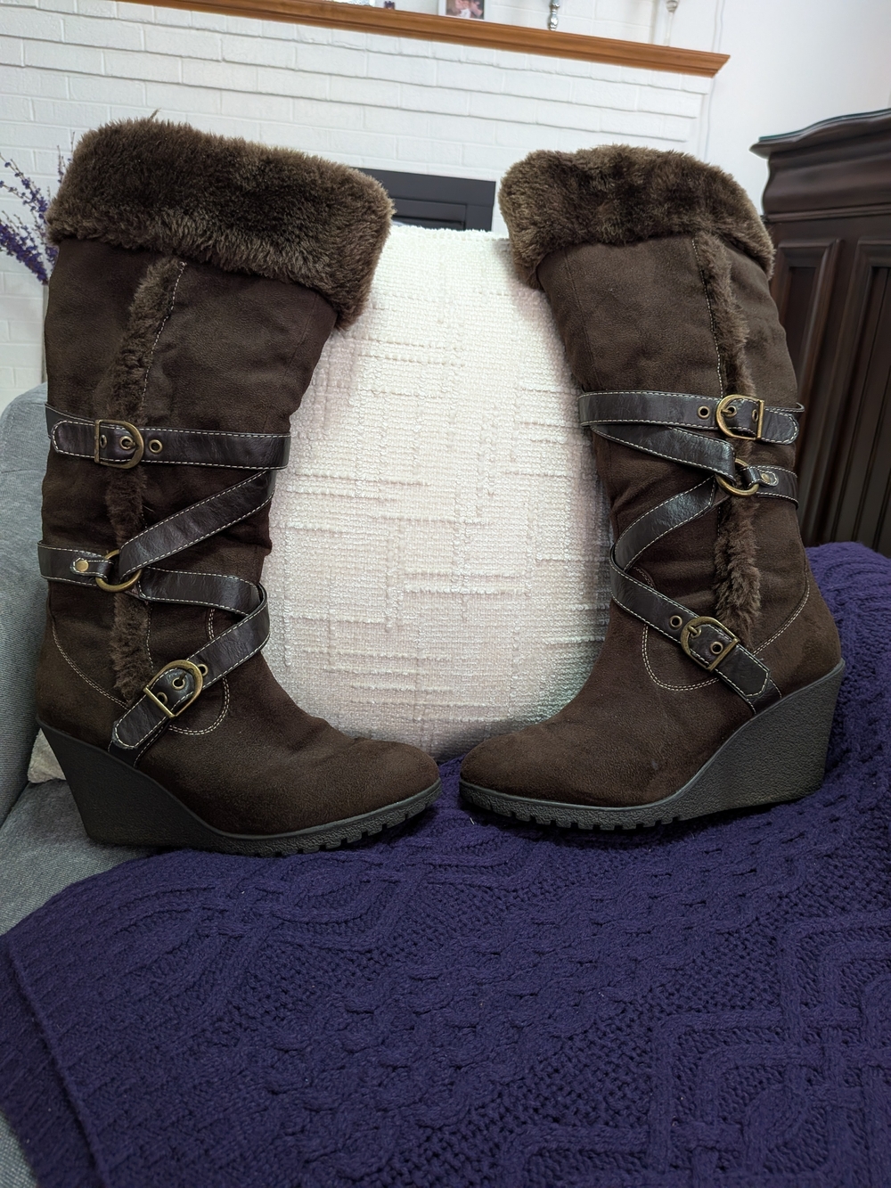 Women’s Brown Faux Fur Wedge Boots